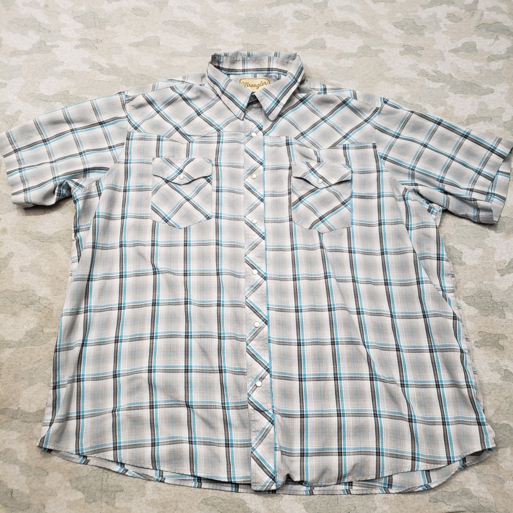 Wrangler Western Shirt Mens 2XL Gray Plaid Cowboy Casual Pearl Snap Short Sleeve